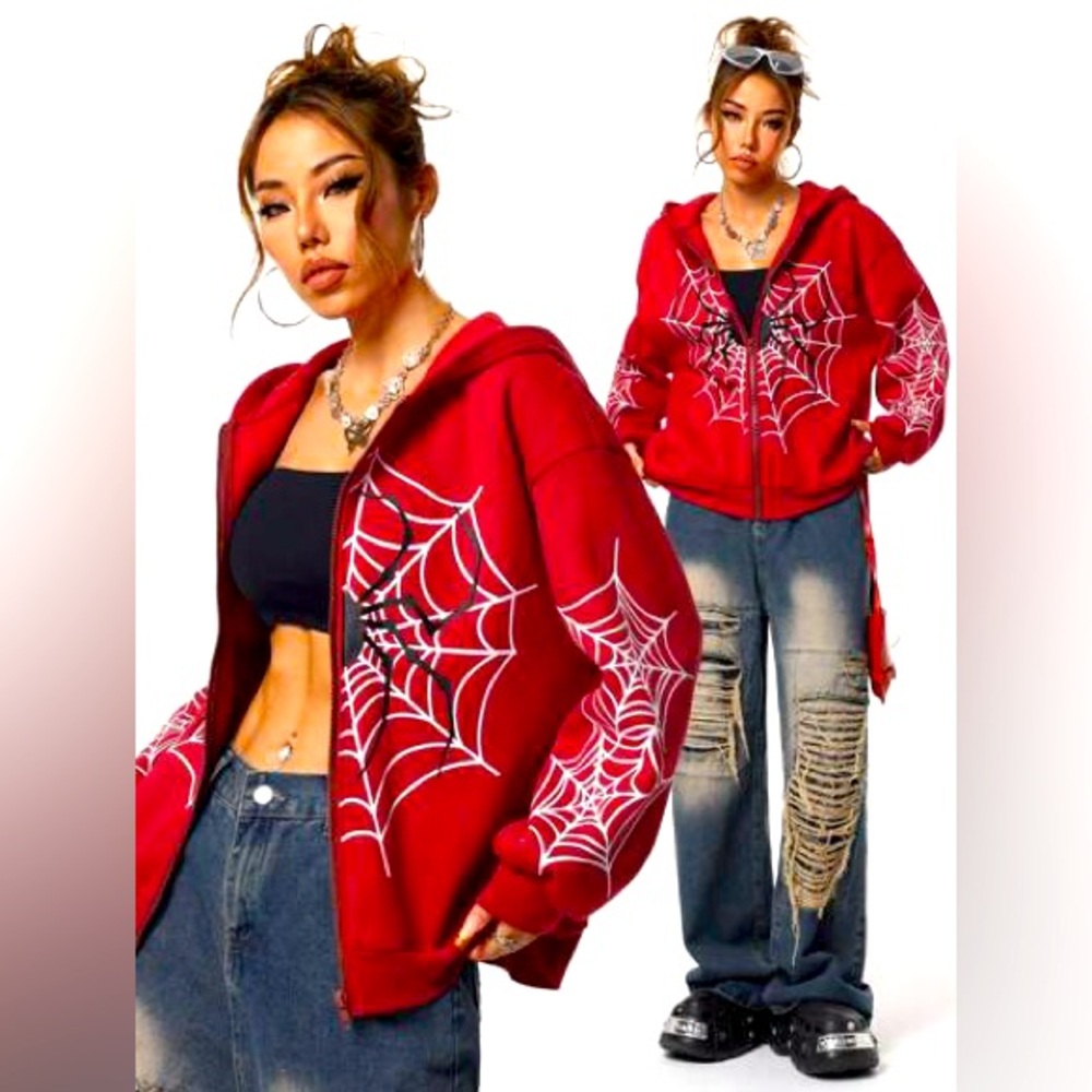 SHEIN loose fit Street Style Spider-Man red zip up hoodie size 1XL NWOT